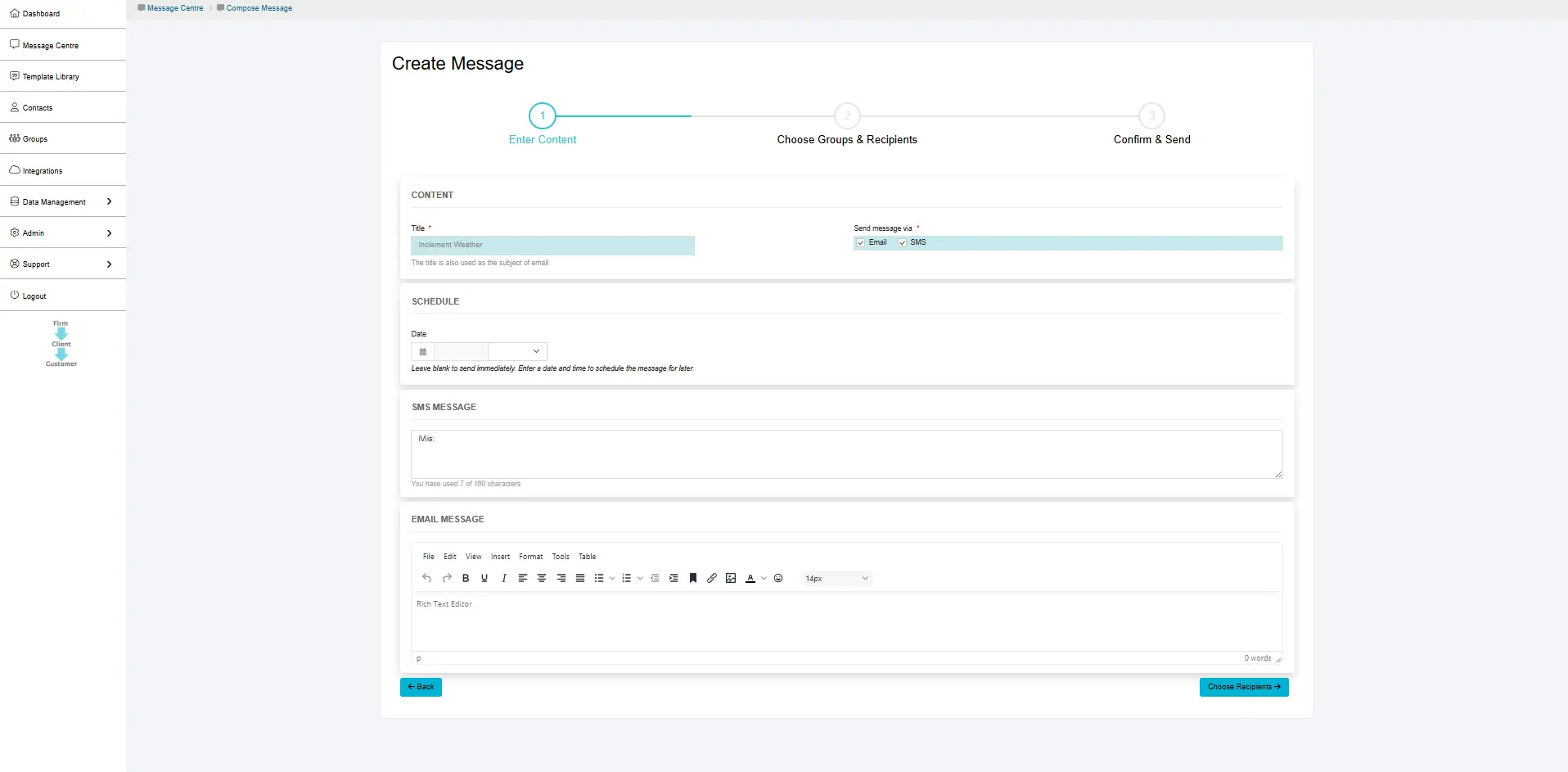 The Beep Create Message screen, with content, schedule, SMS and email fields